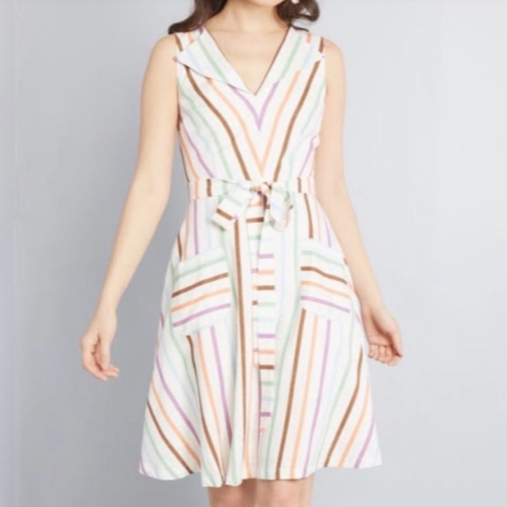 ModCloth Looking Back Rainbow Stripe Sleeveless V-Neck Lined Linen Dress – Small